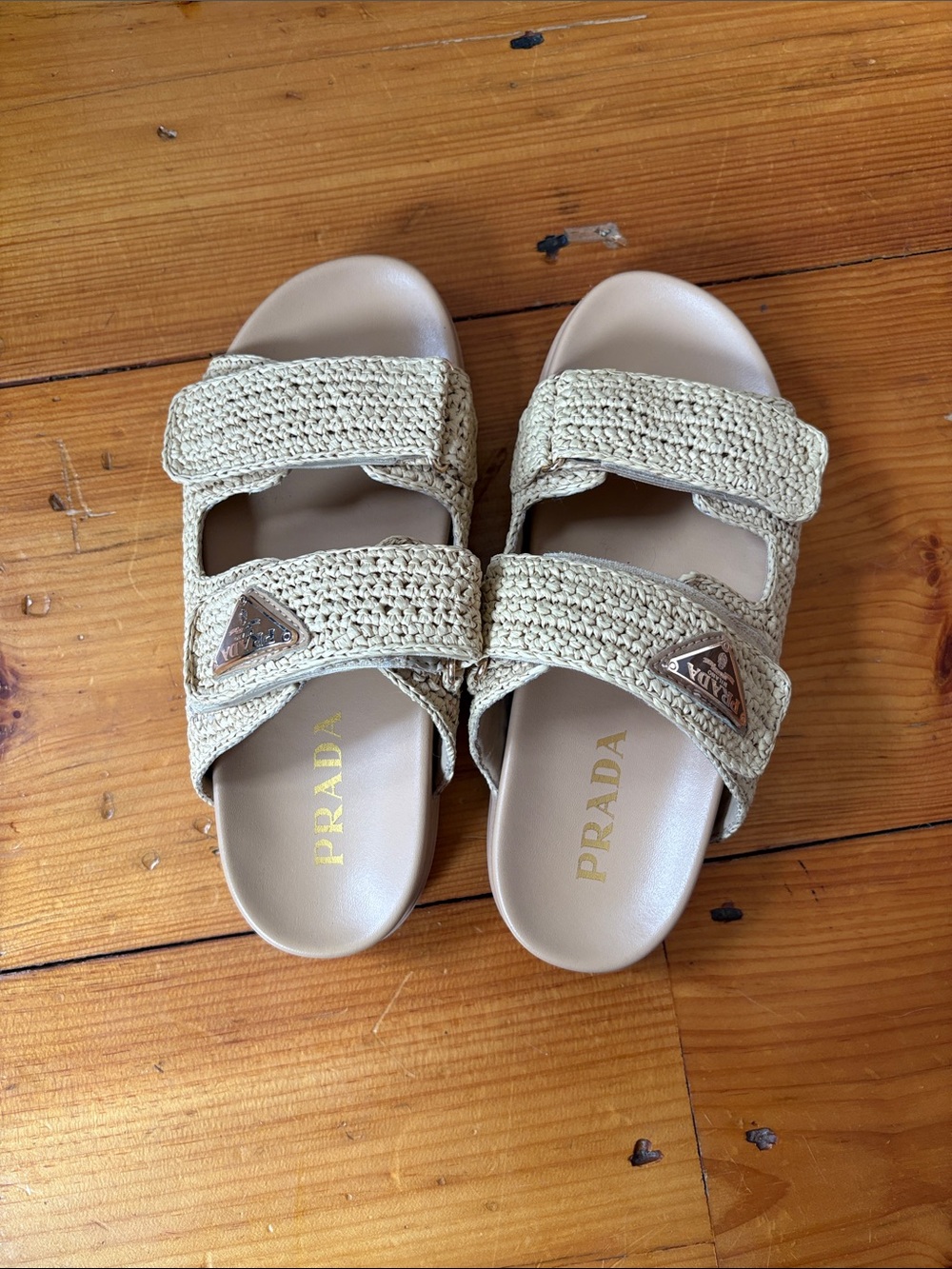 Prada Beige Woven Slide Sandals